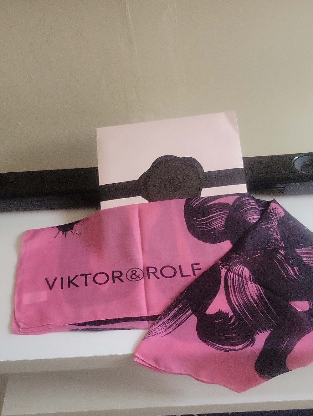 Viktor & Rolf Hot Pink Silk Logo Scarf with Black Print